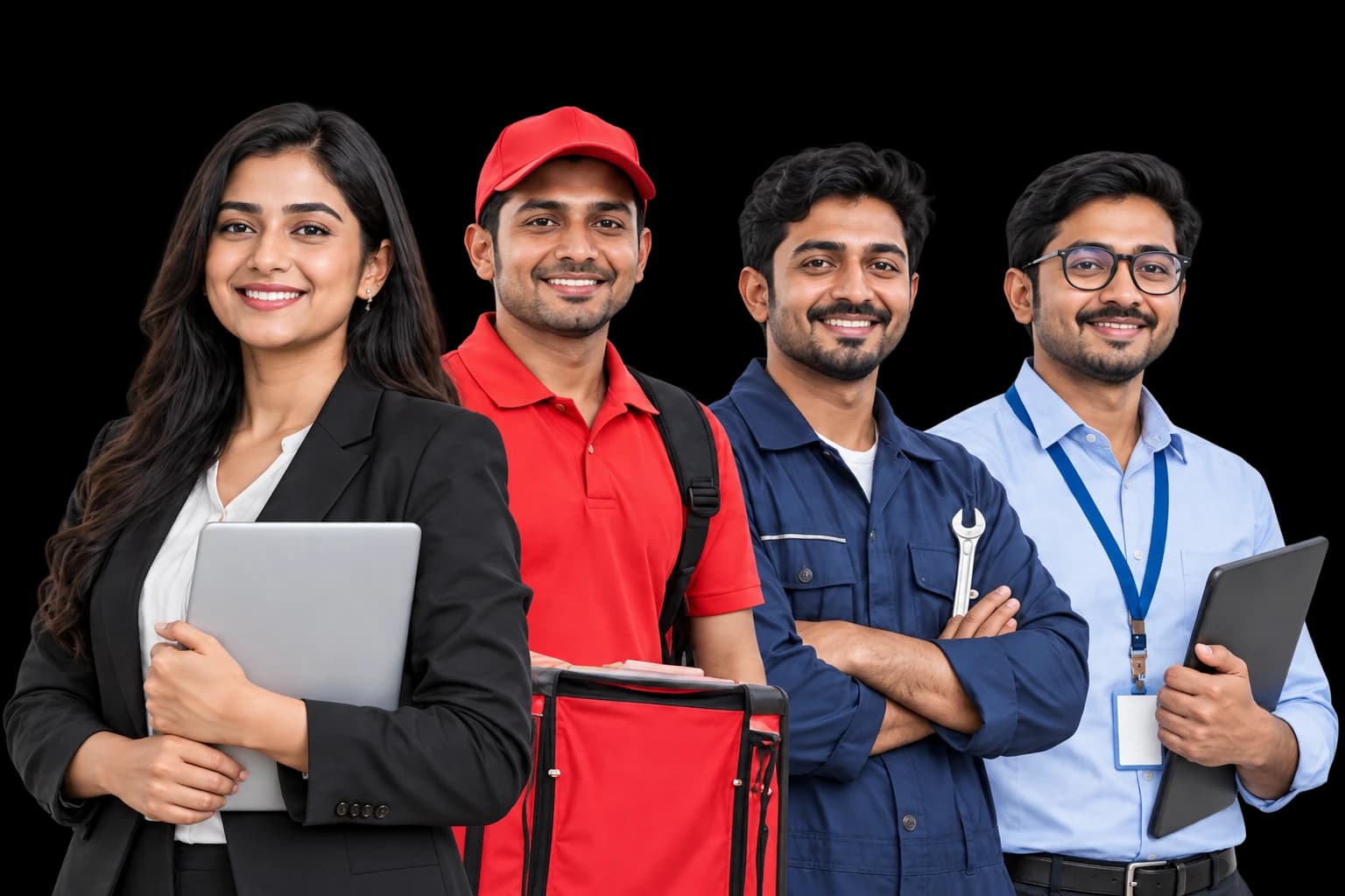 Four WorkPaisa professionals: a corporate professional holding a tablet, a delivery partner in a red uniform, a technician holding a wrench and an office professional with a device